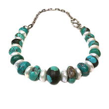 Load image into Gallery viewer, Leather-polished Turquoise & Freshwater Pearl Necklace & Earrings Set