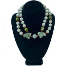 Load image into Gallery viewer, Pair of Carved Certified Jadeite Foo Dogs with Double Strand Jadeite Necklace