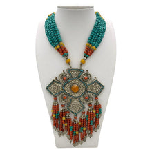 Load image into Gallery viewer, Statement Necklace with Nepal Plaque and Beaded Fringes