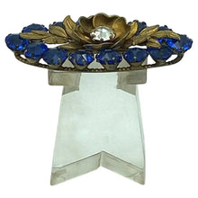 Load image into Gallery viewer, Blue Rhinestone Brooch with Brass Flower
