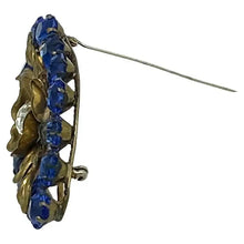 Load image into Gallery viewer, Blue Rhinestone Brooch with Brass Flower
