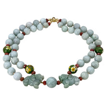 Load image into Gallery viewer, Pair of Carved Certified Jadeite Foo Dogs with Double Strand Jadeite Necklace