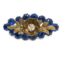 Load image into Gallery viewer, Blue Rhinestone Brooch with Brass Flower
