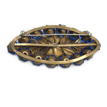 Load image into Gallery viewer, Blue Rhinestone Brooch with Brass Flower