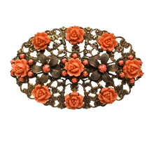 Load image into Gallery viewer, Celluloid Roses on Filigree Brooch
