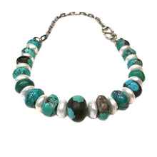 Load image into Gallery viewer, Leather-polished Turquoise &amp; Freshwater Pearl Necklace &amp; Earrings Set
