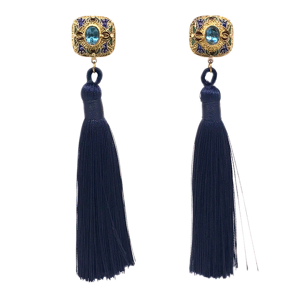 Topaz and Cloisonne Earrings with Tassel