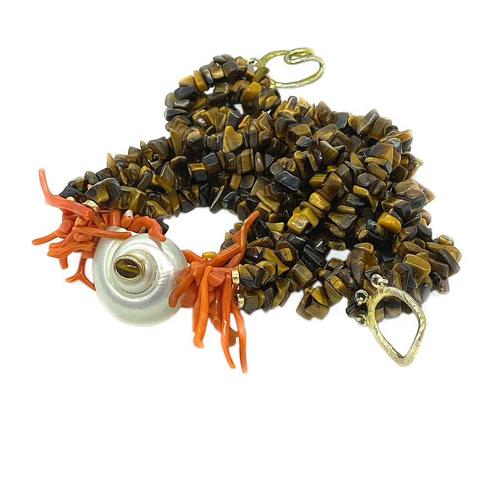 Tiger's Eye Necklace with Coral and Shell