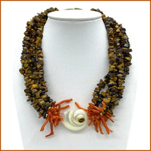 Load image into Gallery viewer, Tiger&#39;s Eye Necklace with Coral and Shell
