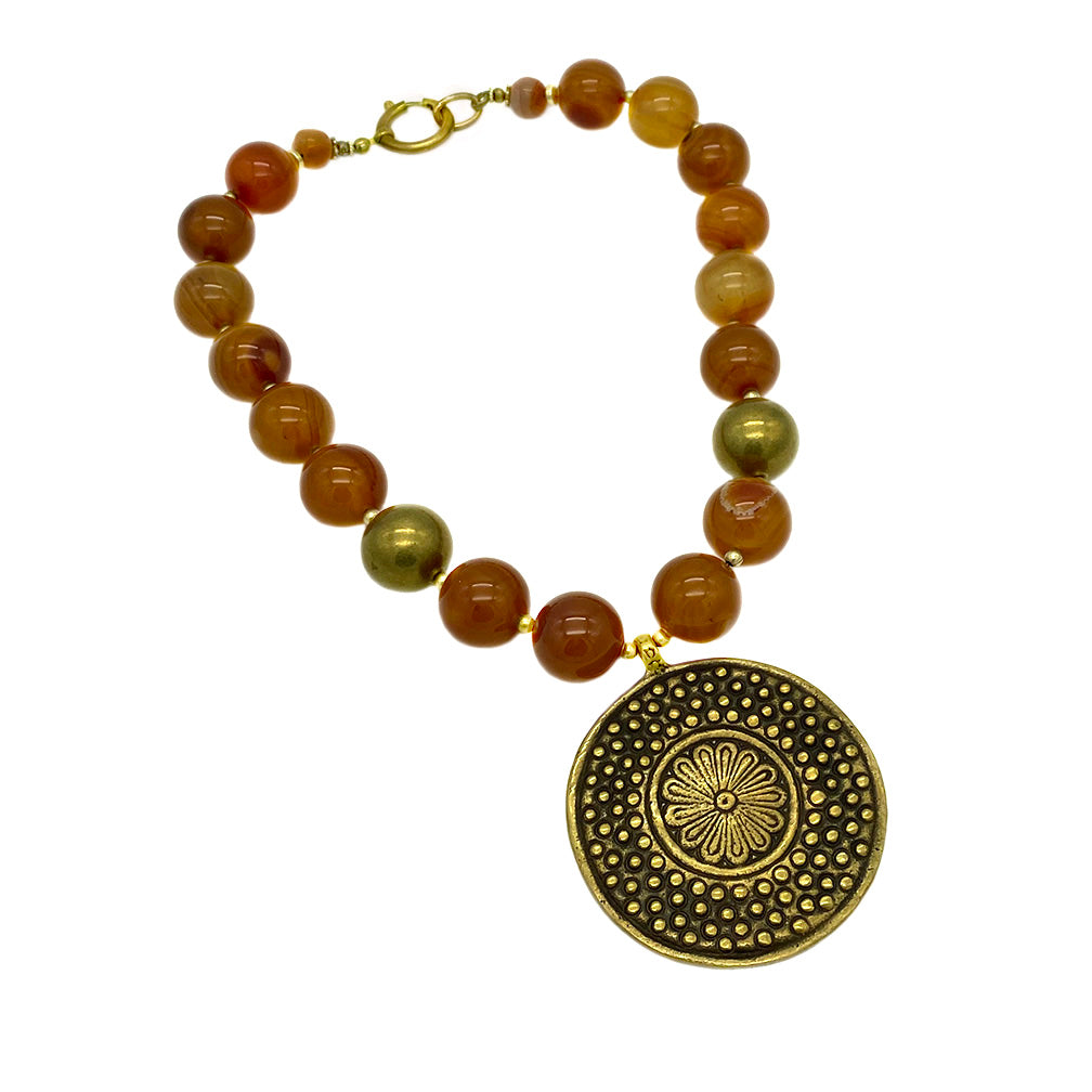 Agate Necklace w/Antique Brass Pendant