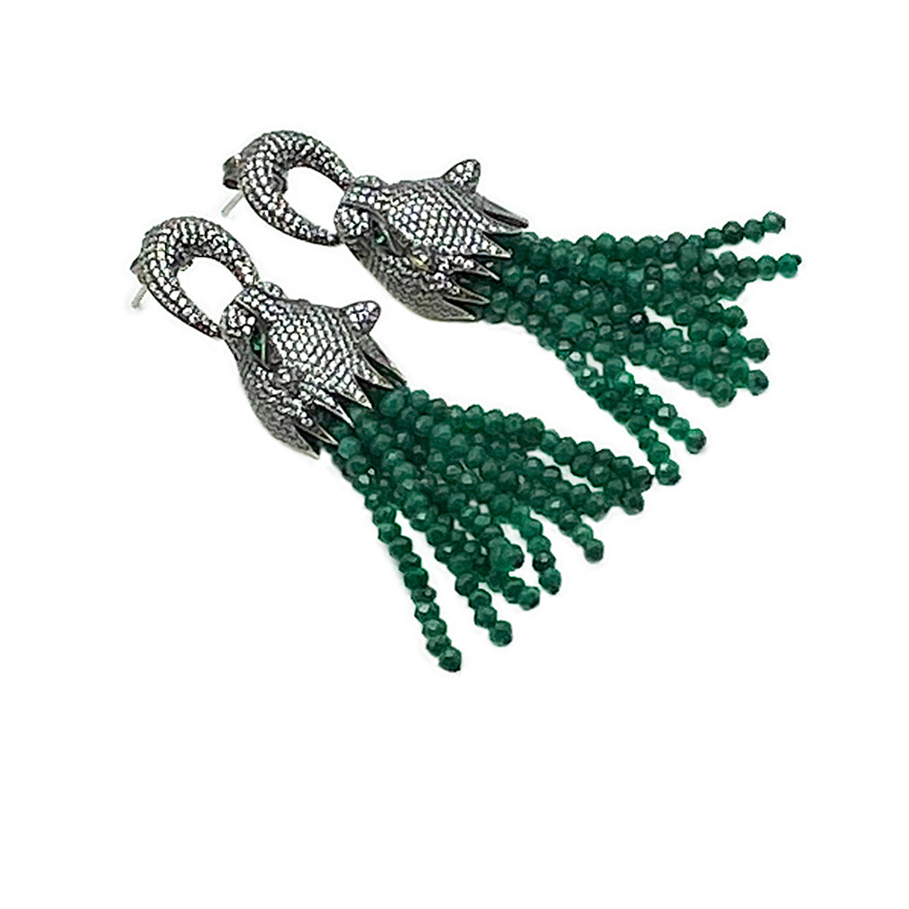 Dragon Head Earrings with Emerald Tassel
