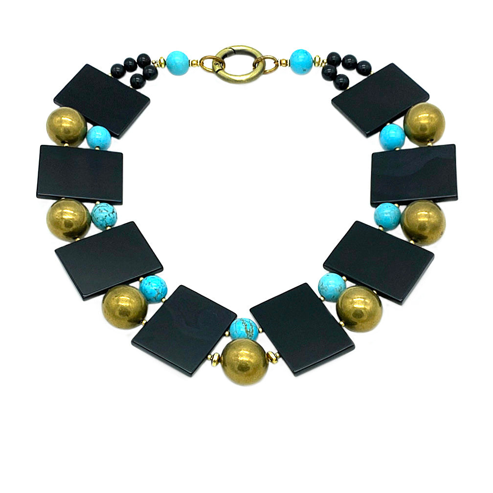 Onyx Slab w/Turquoise & Brass Necklace