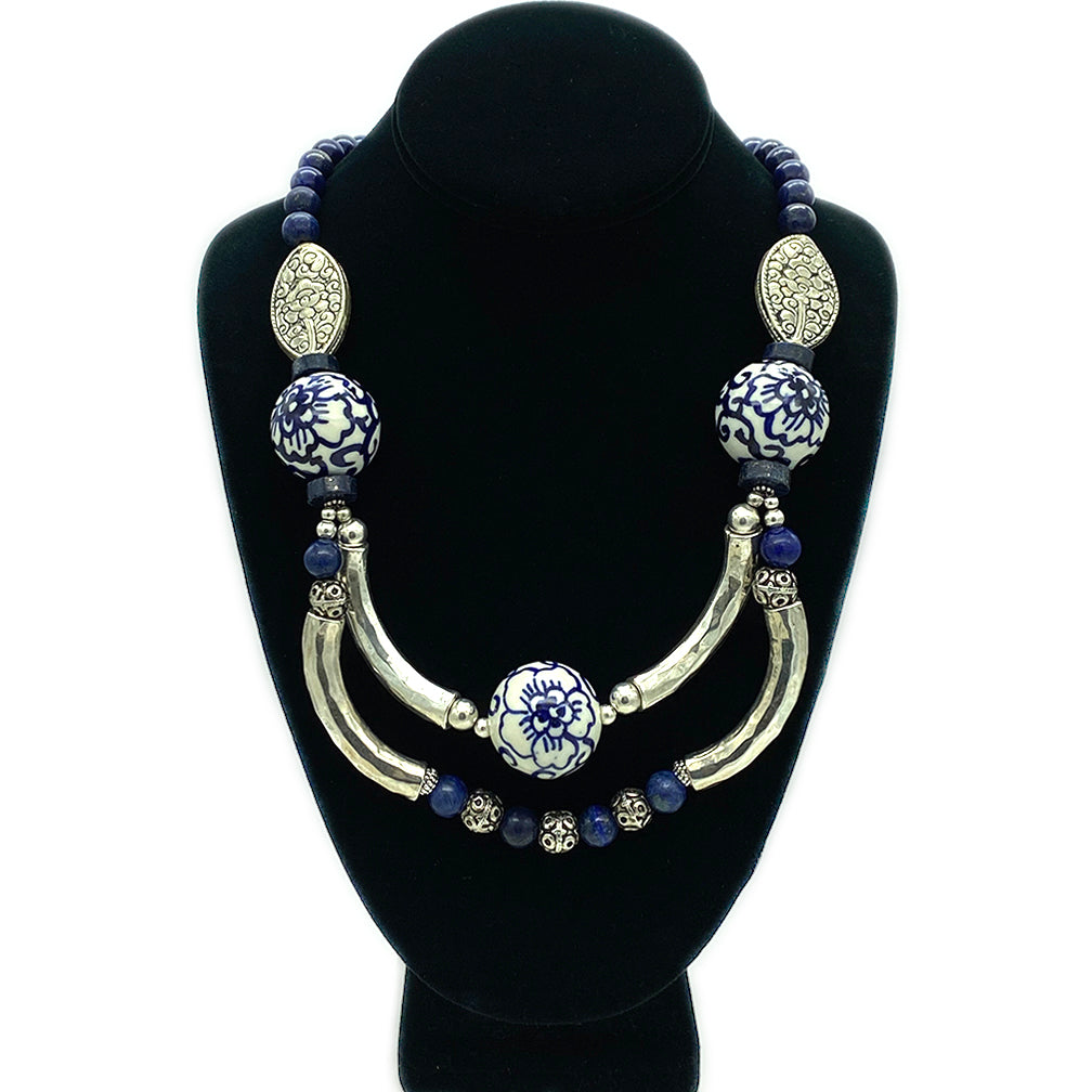 Lapis Lazuli and Porcelain Bib Necklace