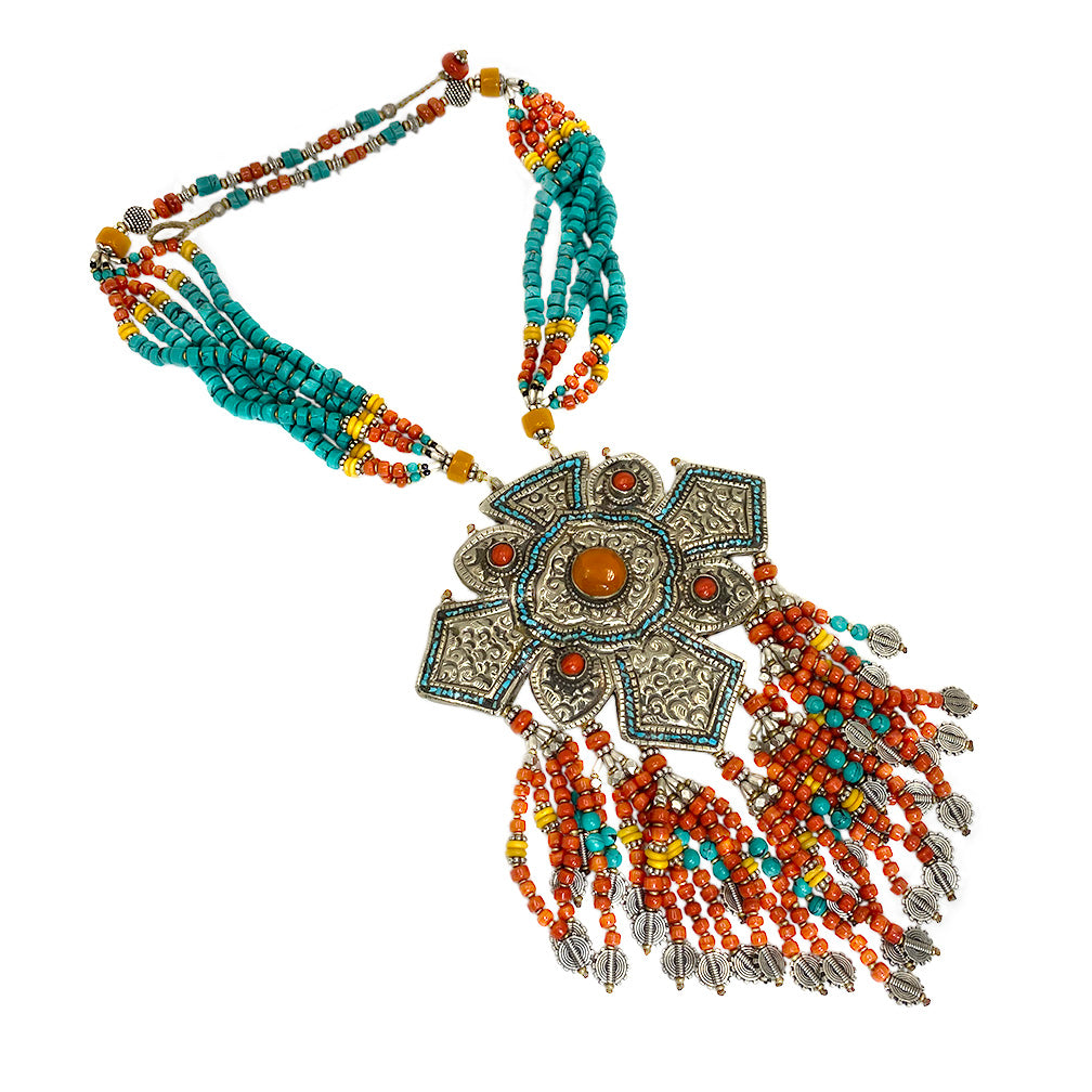 Statement Necklace with Nepal Plaque and Beaded Fringes