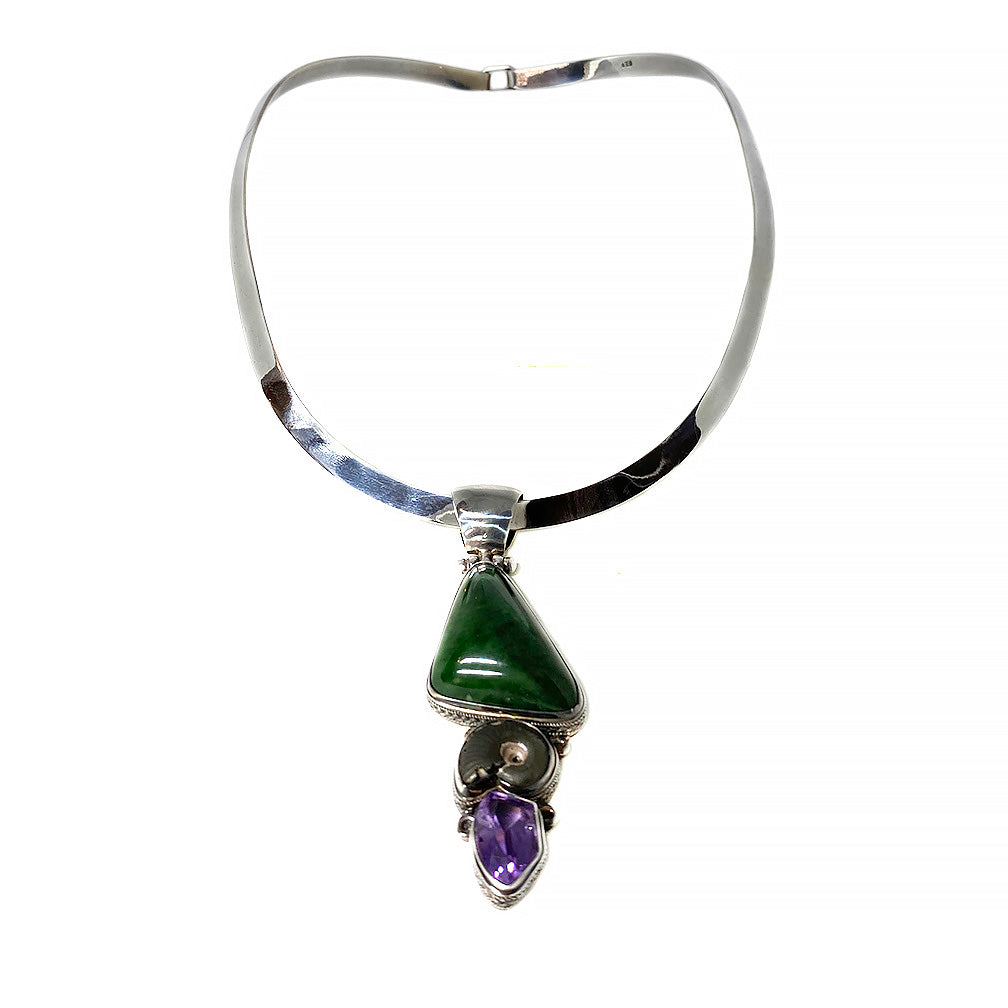 Signed Jade and Amethyst Sterling Pendant with Necklace