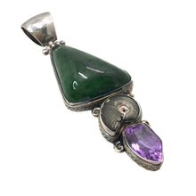Load image into Gallery viewer, Signed Jade and Amethyst Sterling Pendant with Necklace
