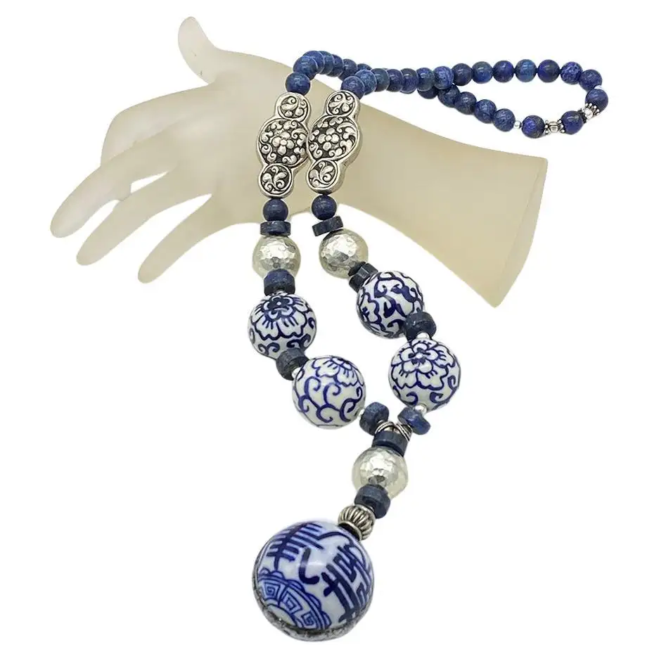 Blue on White Porcelain and Lapis Lazuli Pendant Necklace