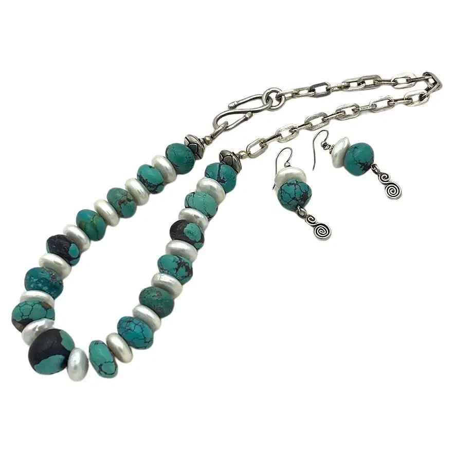 Leather-polished Turquoise & Freshwater Pearl Necklace & Earrings Set