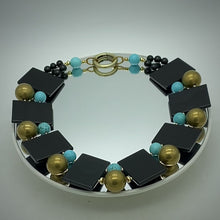 Load and play video in Gallery viewer, Onyx Slab w/Turquoise &amp; Brass Necklace
