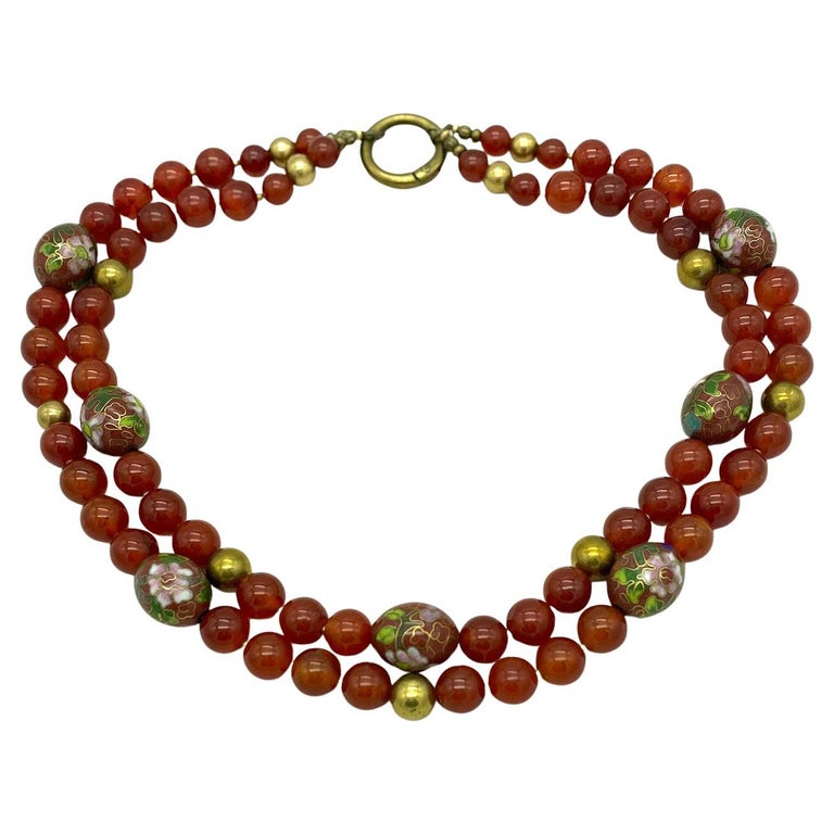 Carnelian and Cloisonne Double Strand Necklace