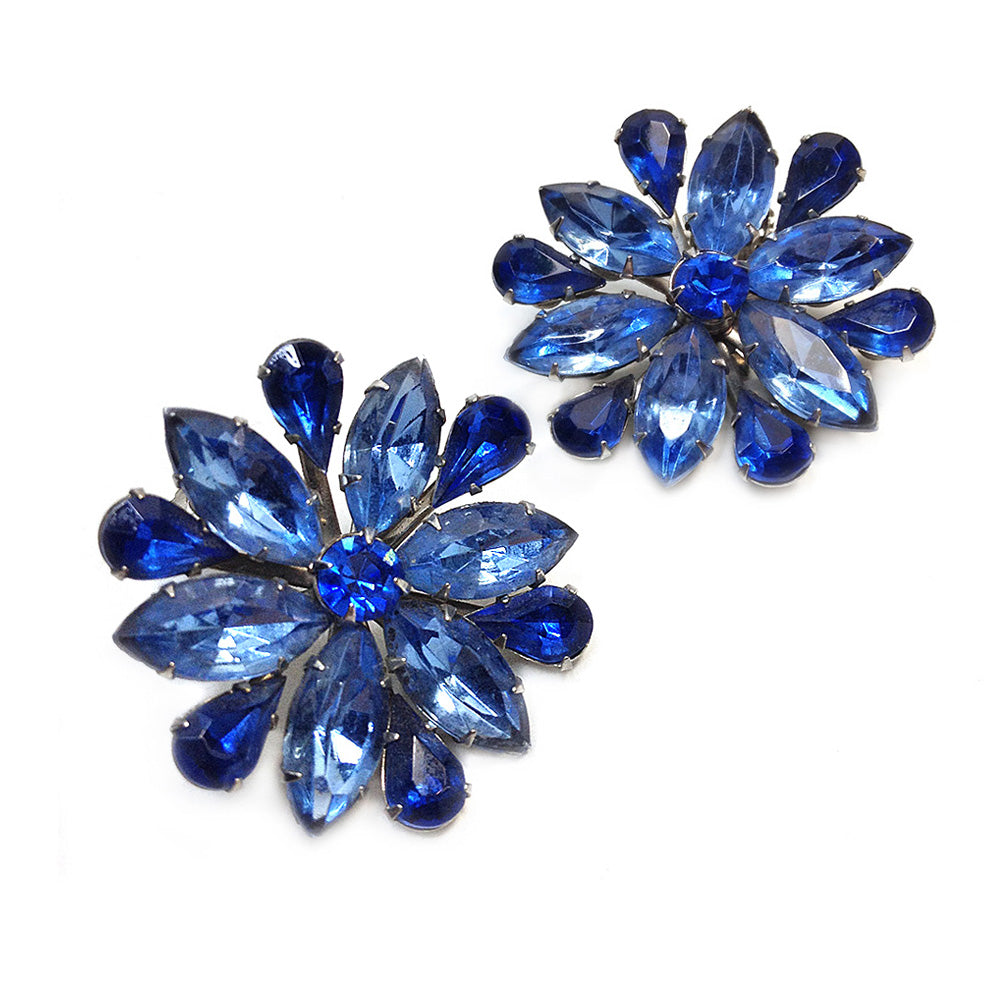 Blue Rhinestone Flower Earrings