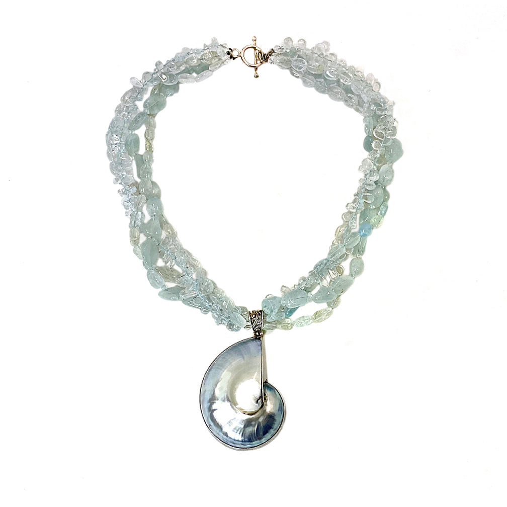Aquamarine Necklace with Fossilized Pendant