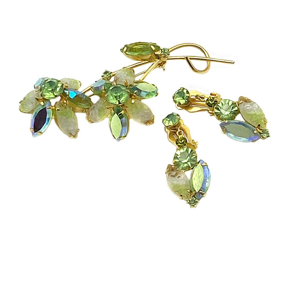 Spring Green Flower Brooch and Earrings Set